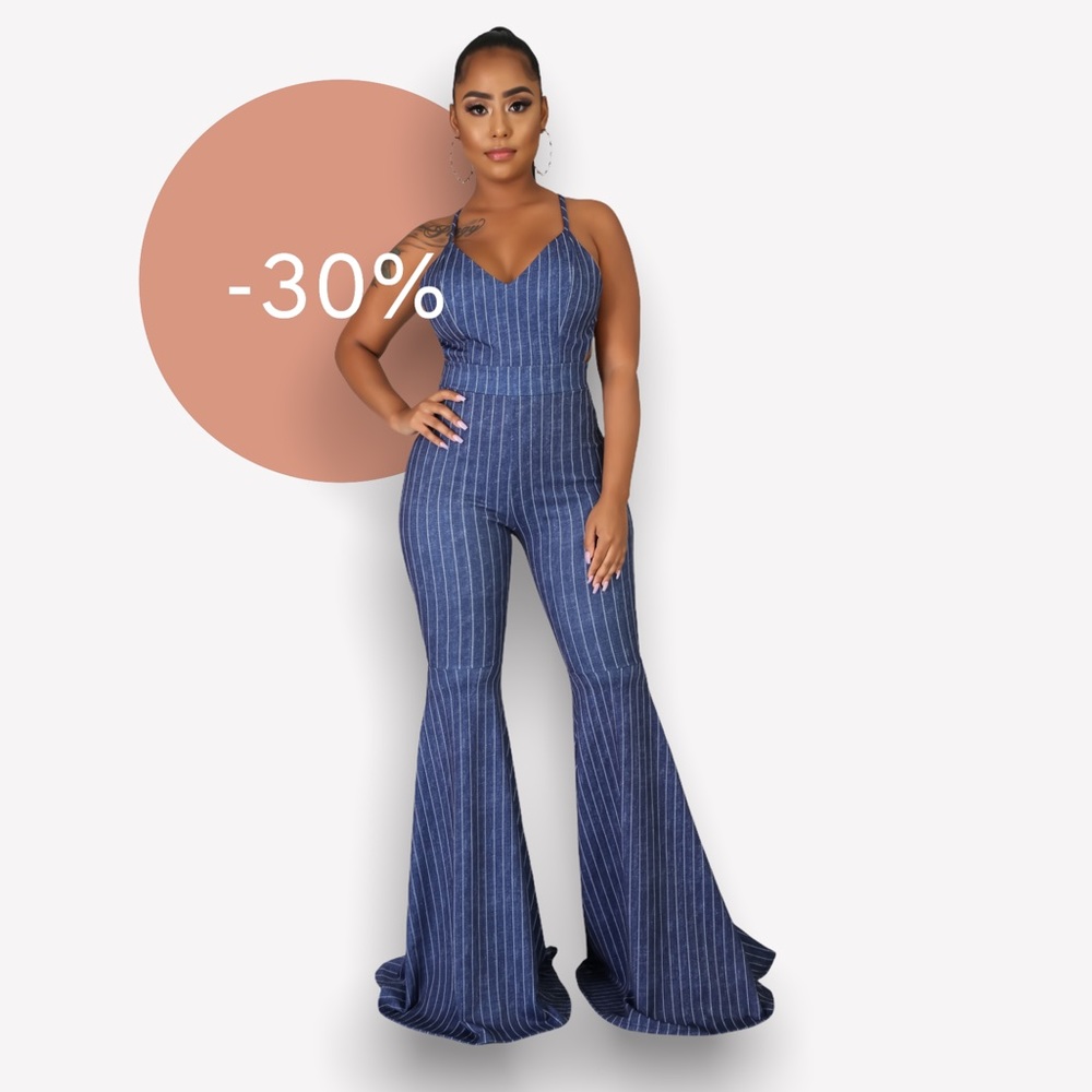 This jumpsuit is so eye-catching sexy and cute! Bell Bottom Striped Jumpsuit.